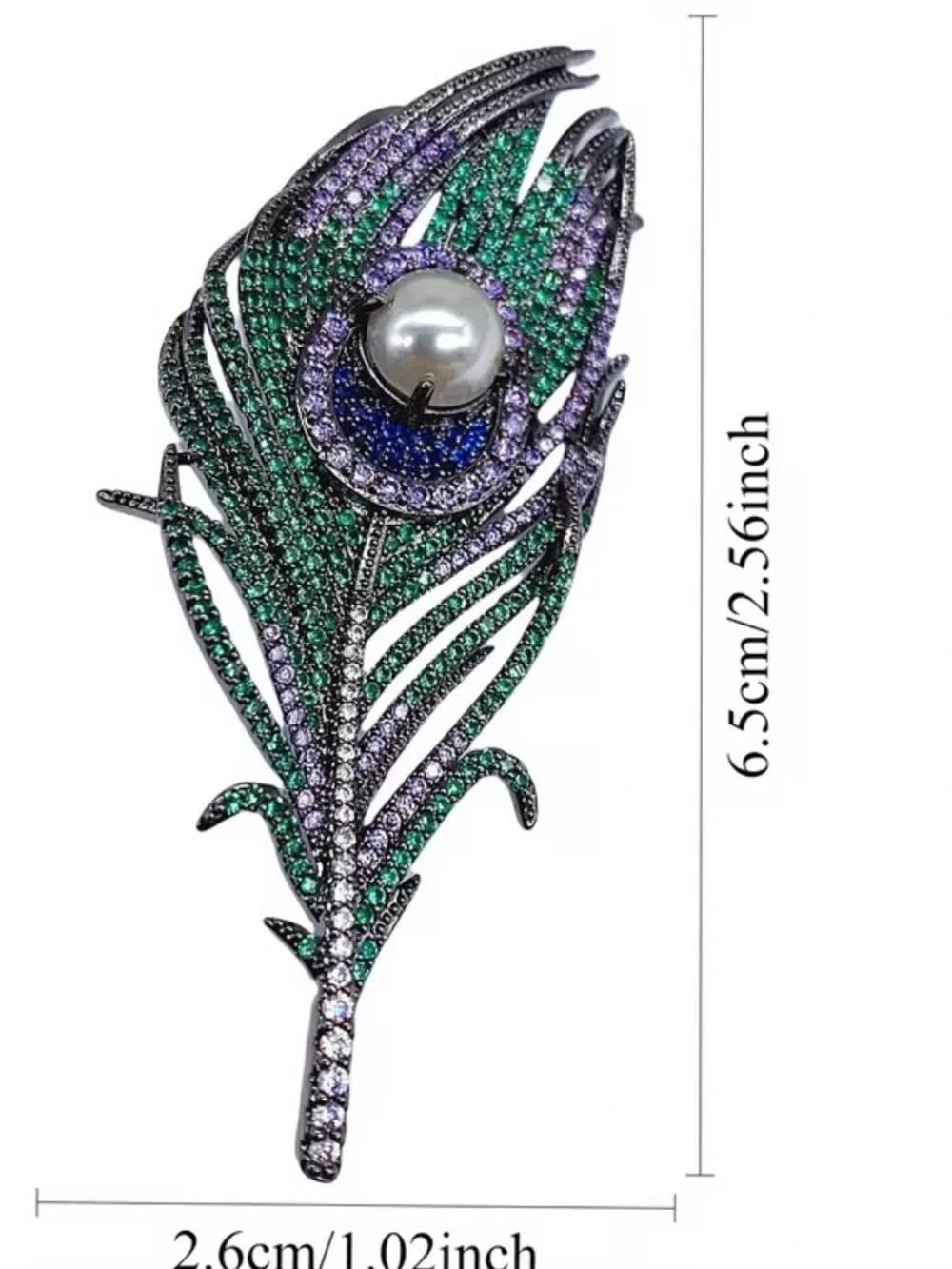 peacock feather brooch embellished colorful cubic zirconia central faux pearl